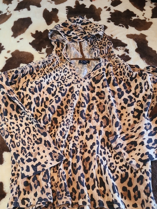 Chaps Tops - Chaps Leopard Print Hooded Top in Tan and Black